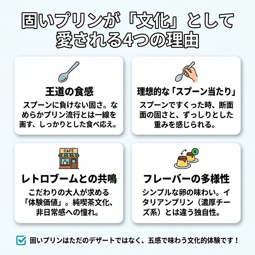 固めプリンが文化として愛される4つの理由をクラシックな食感、肌感覚、再燃の背景、多様性の観点から解説したインフォグラフィック。