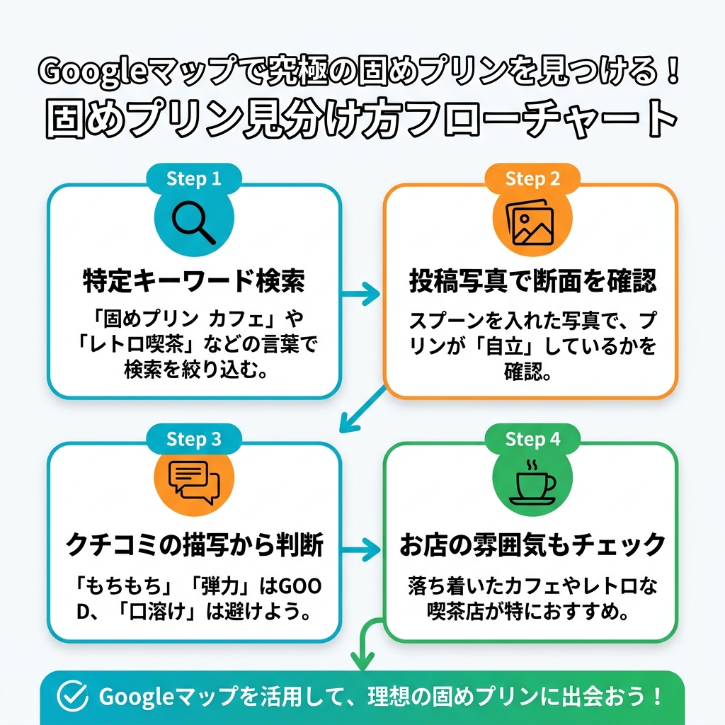 Googleマップを活用して理想の固めプリンを見つけるための4ステップのフローチャートインフォグラフィック。
