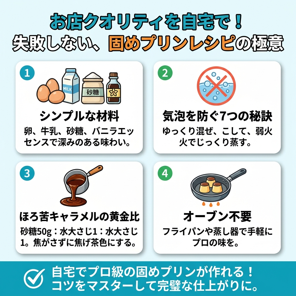 自宅で作る究極の固めプリンレシピの成功の秘訣を、材料、失敗回避、カラメル、調理法の観点からまとめたインフォグラフィック。